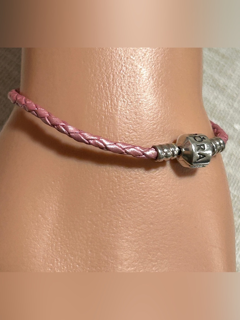 Pandora Metallic Pink Braided Leather Bracelet with Silver Logo Charm